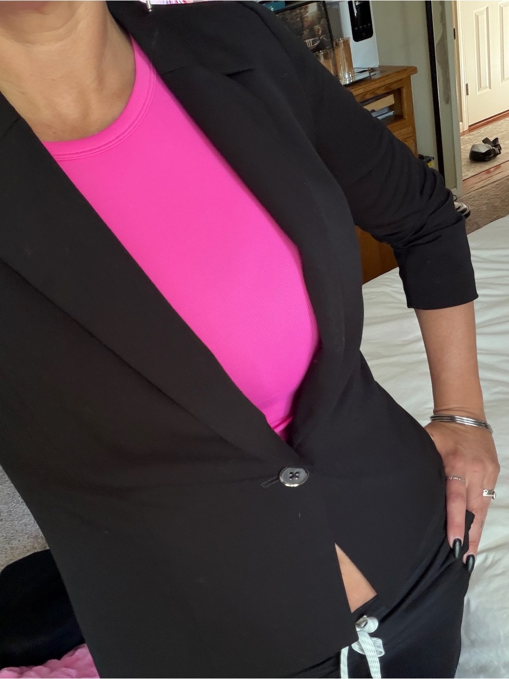 White House Black Market Black Single-Button Blazer with Bright Pink Top